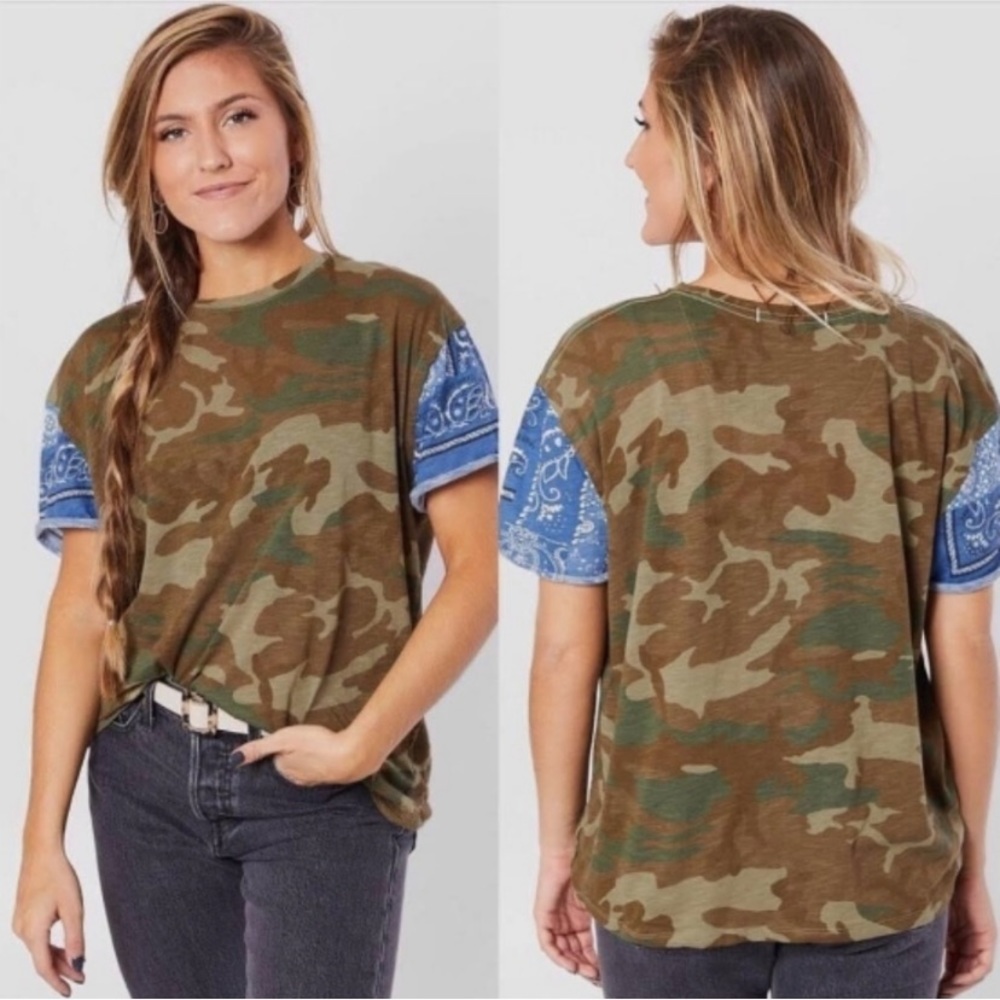 Free People Camo Tee with Blue Bandana Sleeve Accents